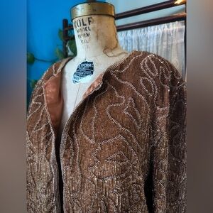 Vintage Gold Adrianna Papell Silk Beaded Evening Jacket Size M/L
